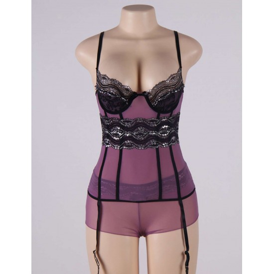 Purple Mesh And Metallic Lace Plus Size Babydoll