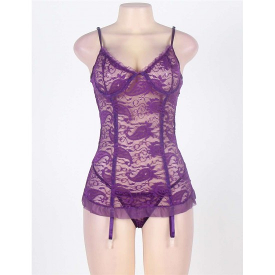 Purple Floral Lace Round Back Plus Size Babydoll