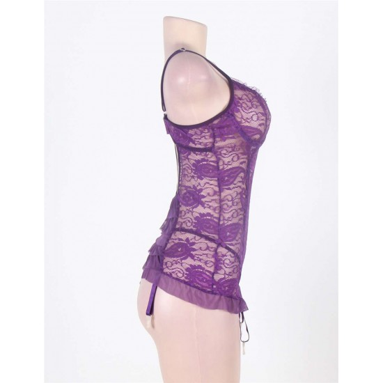 Purple Floral Lace Round Back Plus Size Babydoll