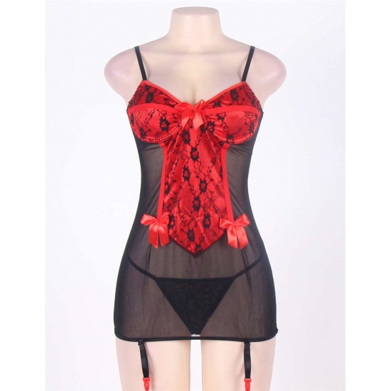 Black And Red Satin Strap-Cross Back Sexy Lingerie Dress