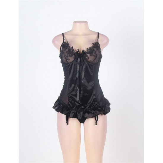 Sexy Black Embroidery Bra Ruffle Croch Back Babydoll