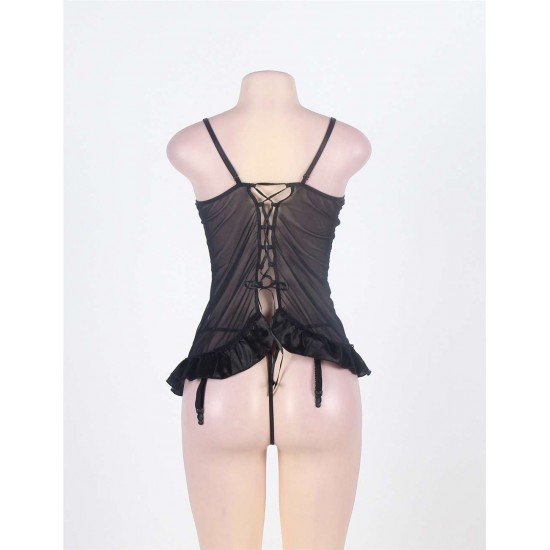 Sexy Black Embroidery Bra Ruffle Croch Back Babydoll