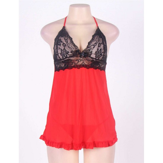 Sexy Black And Red Ruffled Lace Tops Lingerie Dress