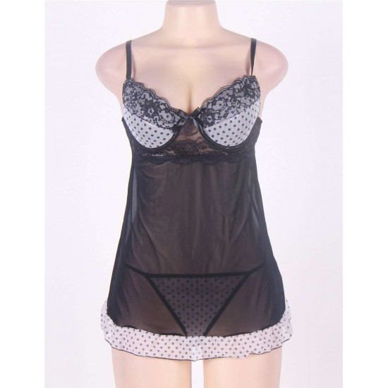 Sexy Black Lace Transparent Babydoll With G-string