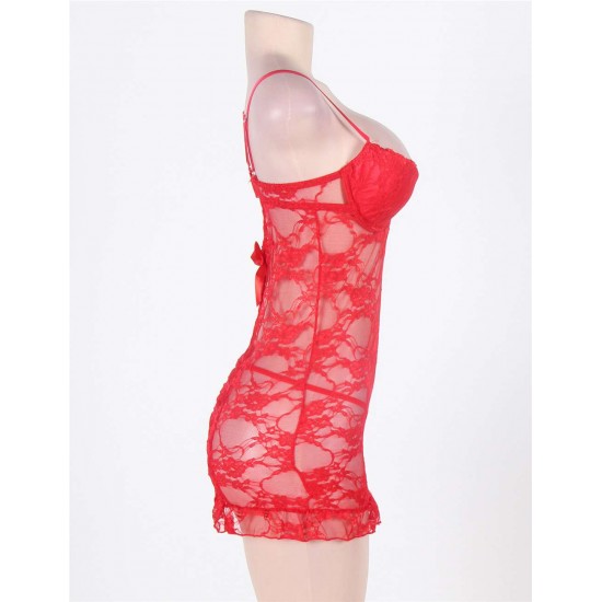 Sexy Red Floral Lace And Mesh Babydoll Lingerie