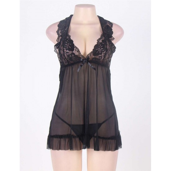 Black Lace Top Plus Size Open Back Babydoll