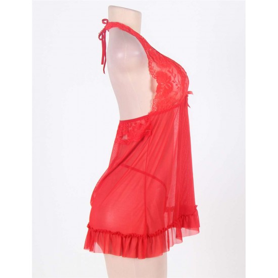 Lace Patchwork Red Halter Plus Size Babydoll Dress 