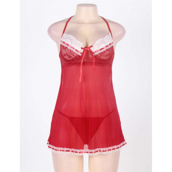 Stretch Lace Camisole Babydoll In Sheer Red