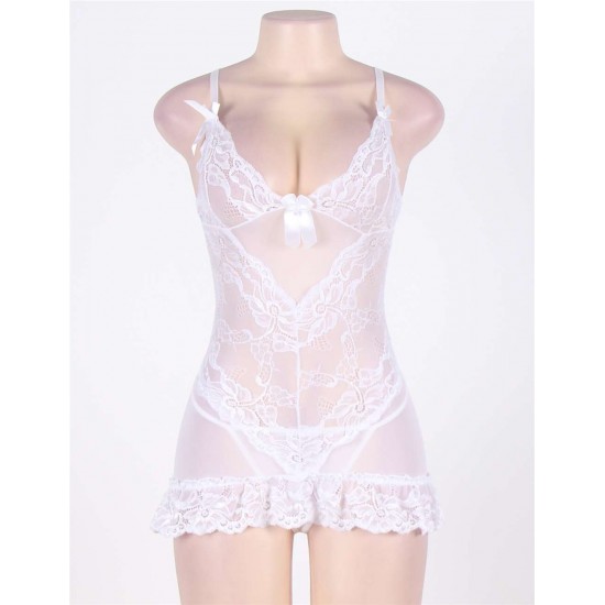 Plus Size White Embroidered Lace Cups Babydoll