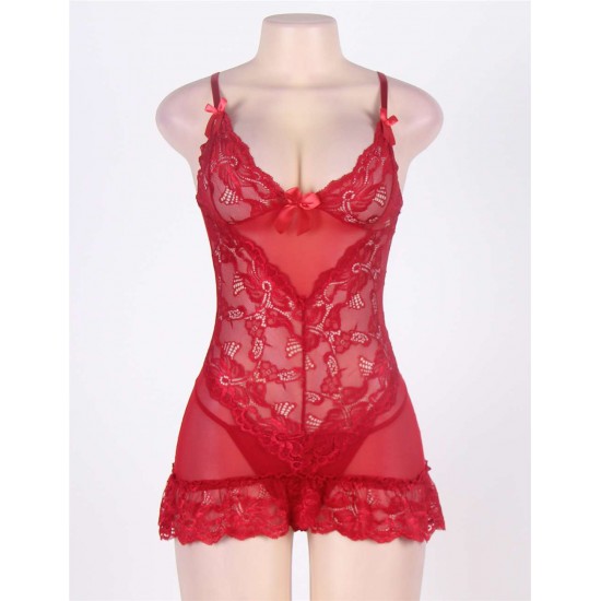 Alluring Red Romantic Flower Lace Babydoll