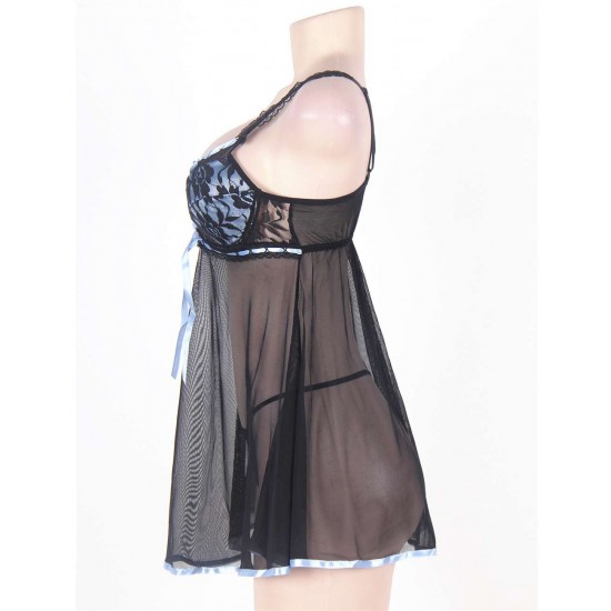 Mesh Cup Black Lace Babydoll Nightie Lingerie Set