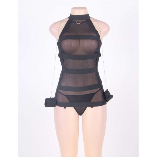 Black Plus Size Banded Mesh Chemise With Chains