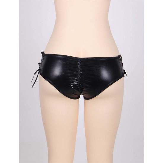 Plus Size Black Open Crotch Leather Panty