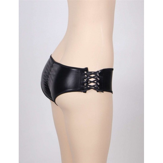 Leather Open Crotch Strappy Black Panty