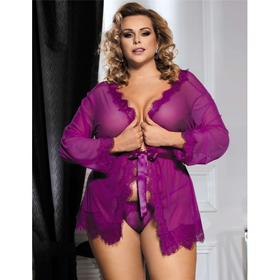 Plus Size Purple Lace Trim Robe With Thong