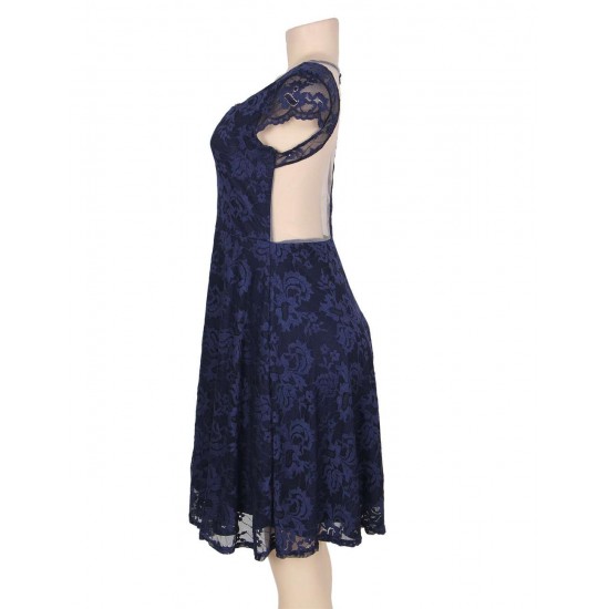 Lace Round Neck Elegant Blue Bodycon Dress