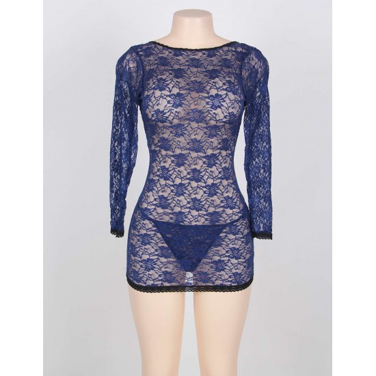 Blue Tunic Long Sleeve Croch Back Lace Mesh Babydoll