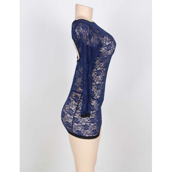 Blue Tunic Long Sleeve Croch Back Lace Mesh Babydoll