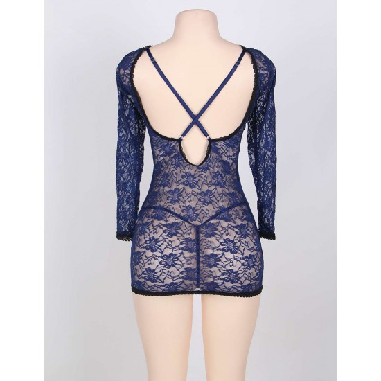 Blue Tunic Long Sleeve Croch Back Lace Mesh Babydoll