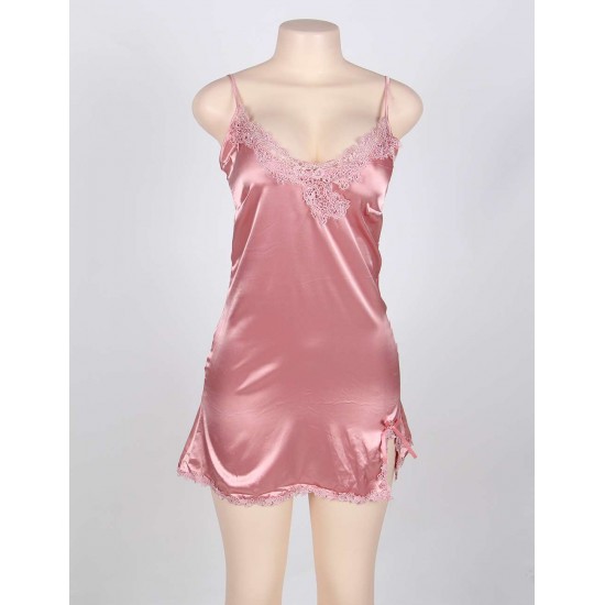 Two-Piece Satin Pink Belted Sleepwear