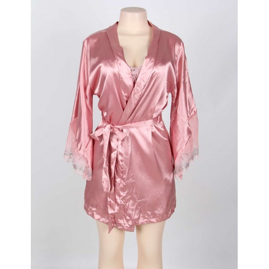 Two-Piece Satin Pink Belted Sleepwear