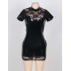 High Neck Black Lace Sexy Mini Leather Dress