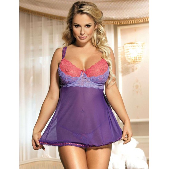 Purple And Pink Lace Cup Babydoll Set