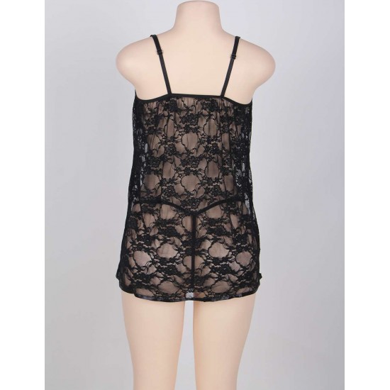 Black Plus Size Sheer Lace Dress With G String 