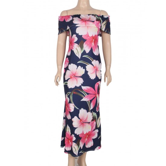 Navy Blue Roses Print Off-Shoulder Long Dress