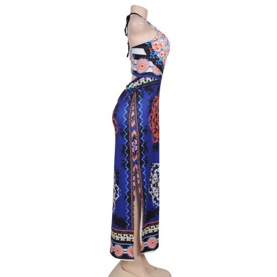 Dark Royal African Pattern Flowered Halter Long Dress