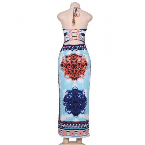 Light Blue African Pattern Low Back Halter Long Dress