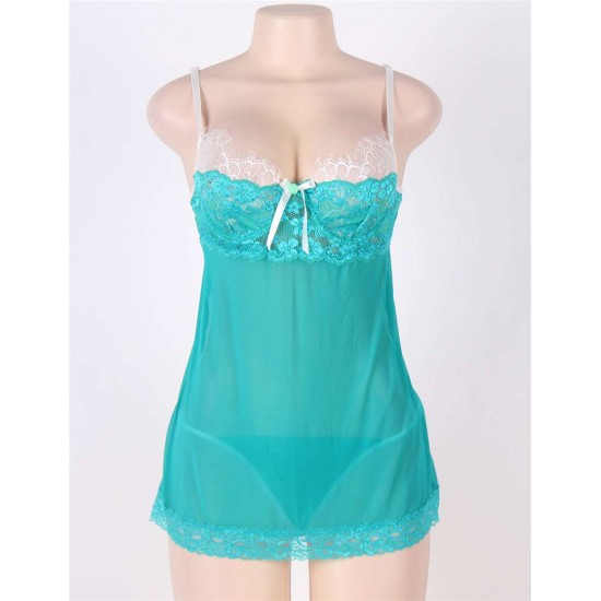 Blue Lace Patchwork Mesh Sexy Babydoll Set 