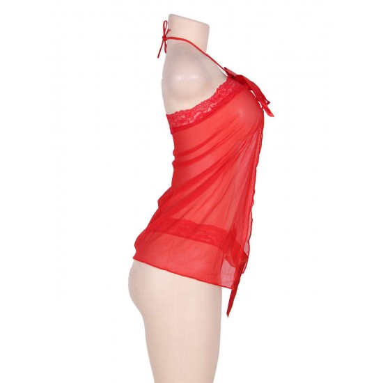 Sexy Red Halter Lace Trim Fly Away Babydoll With G String 