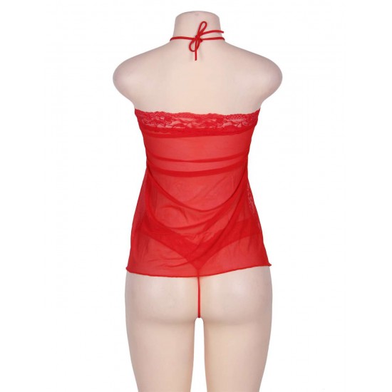 Sexy Red Halter Lace Trim Fly Away Babydoll With G String 