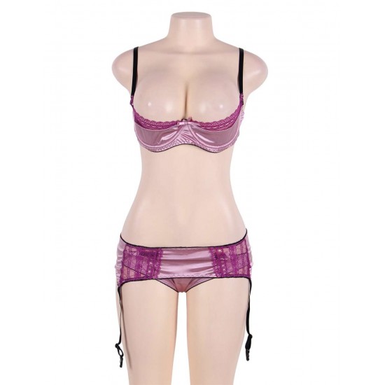 Deluxe Satin Lace Stitching Open Bust Bra Set