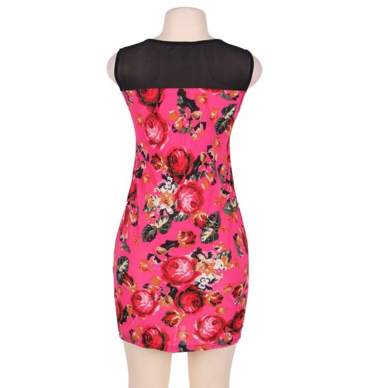 Short Sleeve Pink Flower Print Dresses 