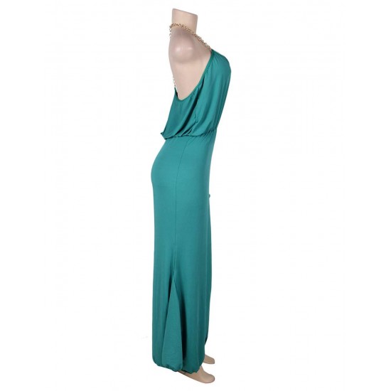 Gold Chain Halter Maxi Green Dress with T Back