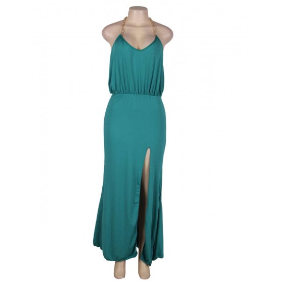 Gold Chain Halter Maxi Green Dress with T Back