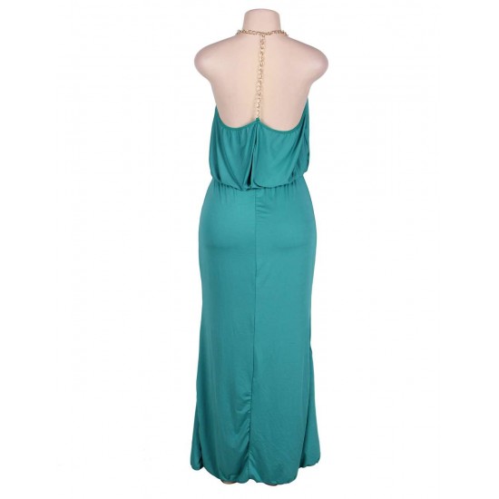 Gold Chain Halter Maxi Green Dress with T Back