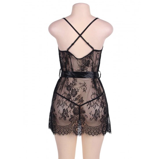 Sexy Black Sheer Floral Eyelash Trim Lace Babydoll Set