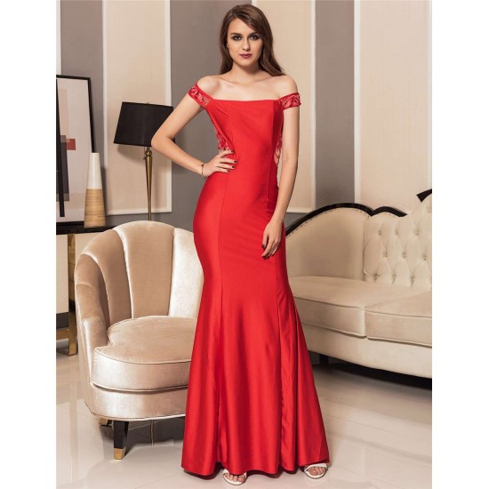 Red Gorgeous Off Shoulder Embroidery Evening Dress