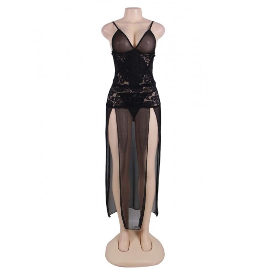 Black Mesh And Lace Elegant Lingerie Gown