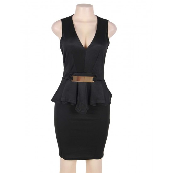 Bar Trim Pleated Peplum Black Midi Dress