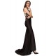 Embroidery High Neck Keyhole Backless Black Party Gown