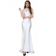 Embroidery Sleeveless High Neck Backless White Party Gown