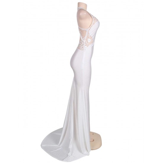 Embroidery Sleeveless High Neck Backless White Party Gown