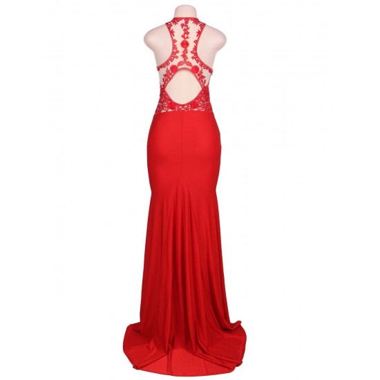 High Neck Red Embroidery Flower Backless Party Dress