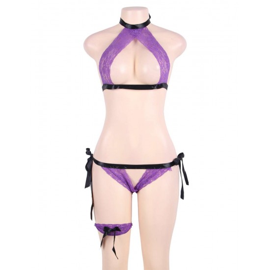 Purple Lace Erotic Crotchless Bra Set