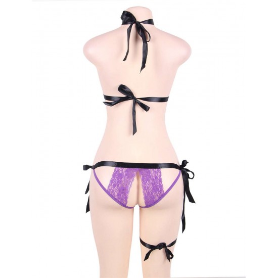 Purple Lace Erotic Crotchless Bra Set