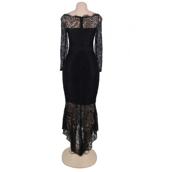 Black Delicate Floral Lace Low Hem Evening Dress